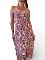 Pre-Loved Pink Floral off shoulder dress - Sz 8