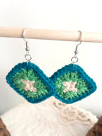 Crochet Little Square Earrings - Cream/Green/Blue