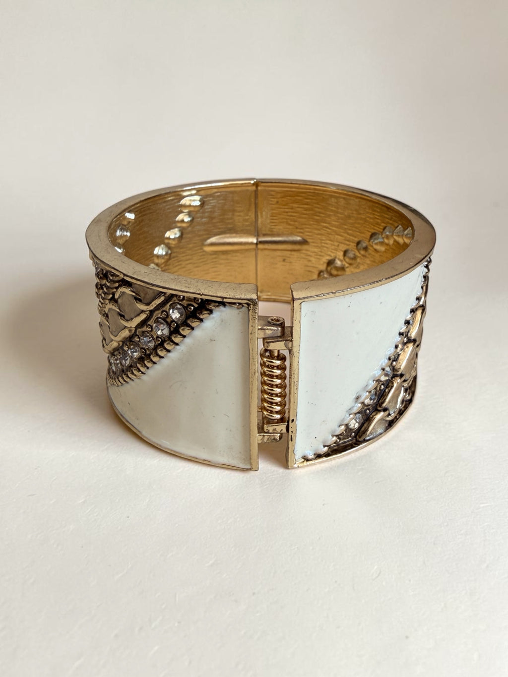 Gold & White Enamel Statement Cuff Bracelet - Hinged Chunky Bangle