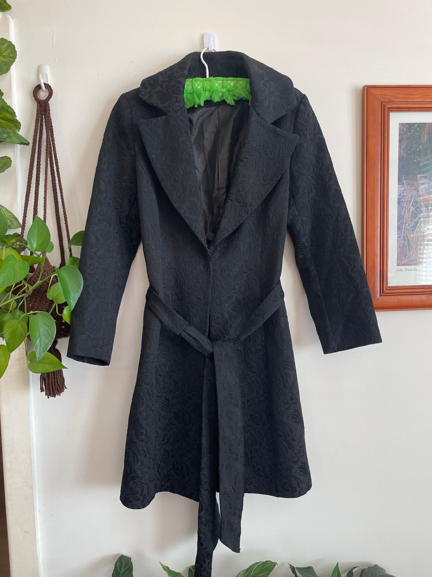 Black Jacquard Belted Coat