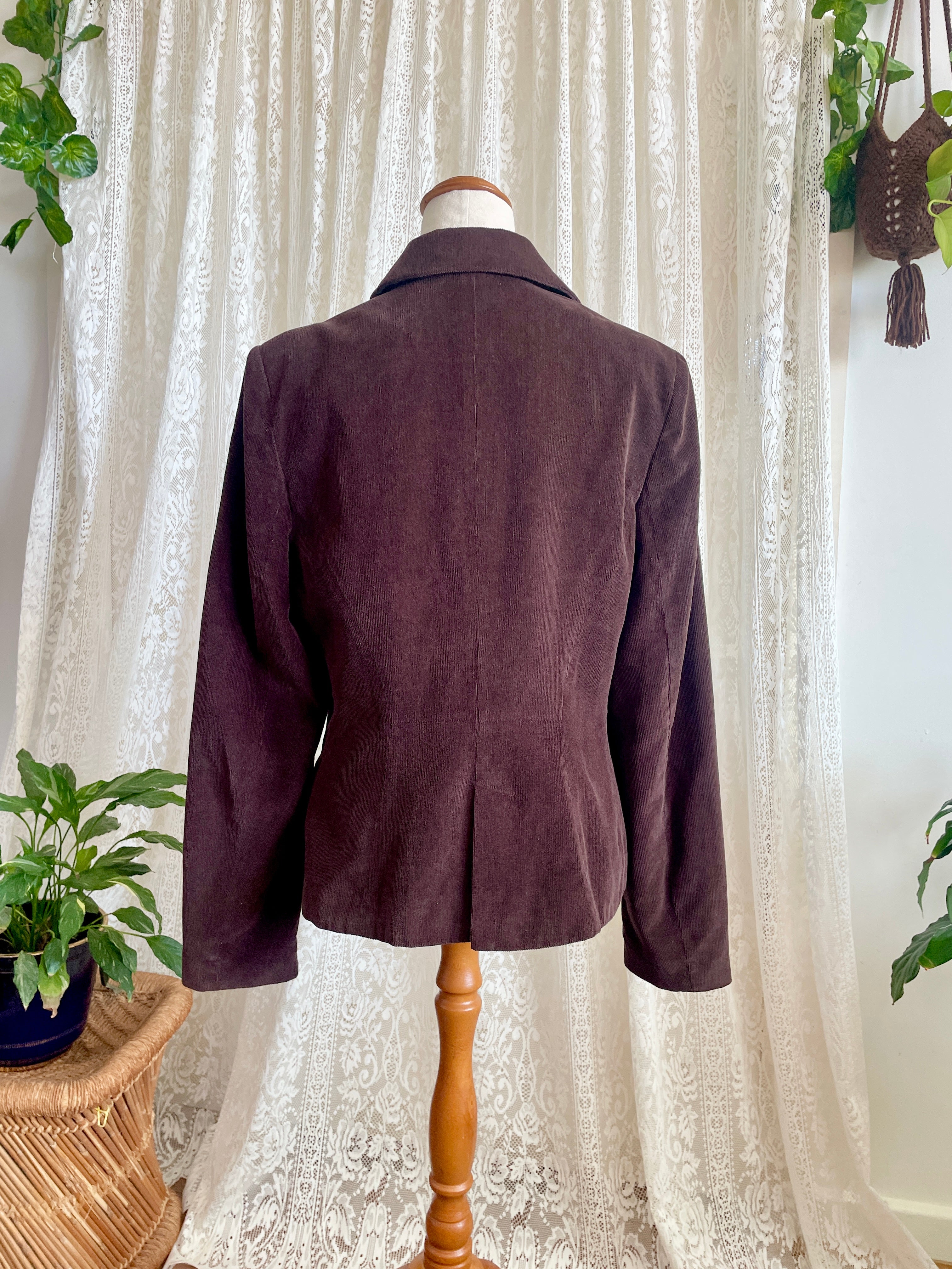 New Look Chocolate Brown Corduroy Jacket Single Button Ribbed Suit Coat 90s Minimalist Style Size 16