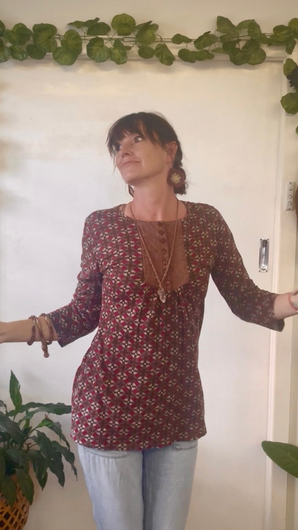 Pink & Brown Pattern 3/4 Sleeve Tunic Top