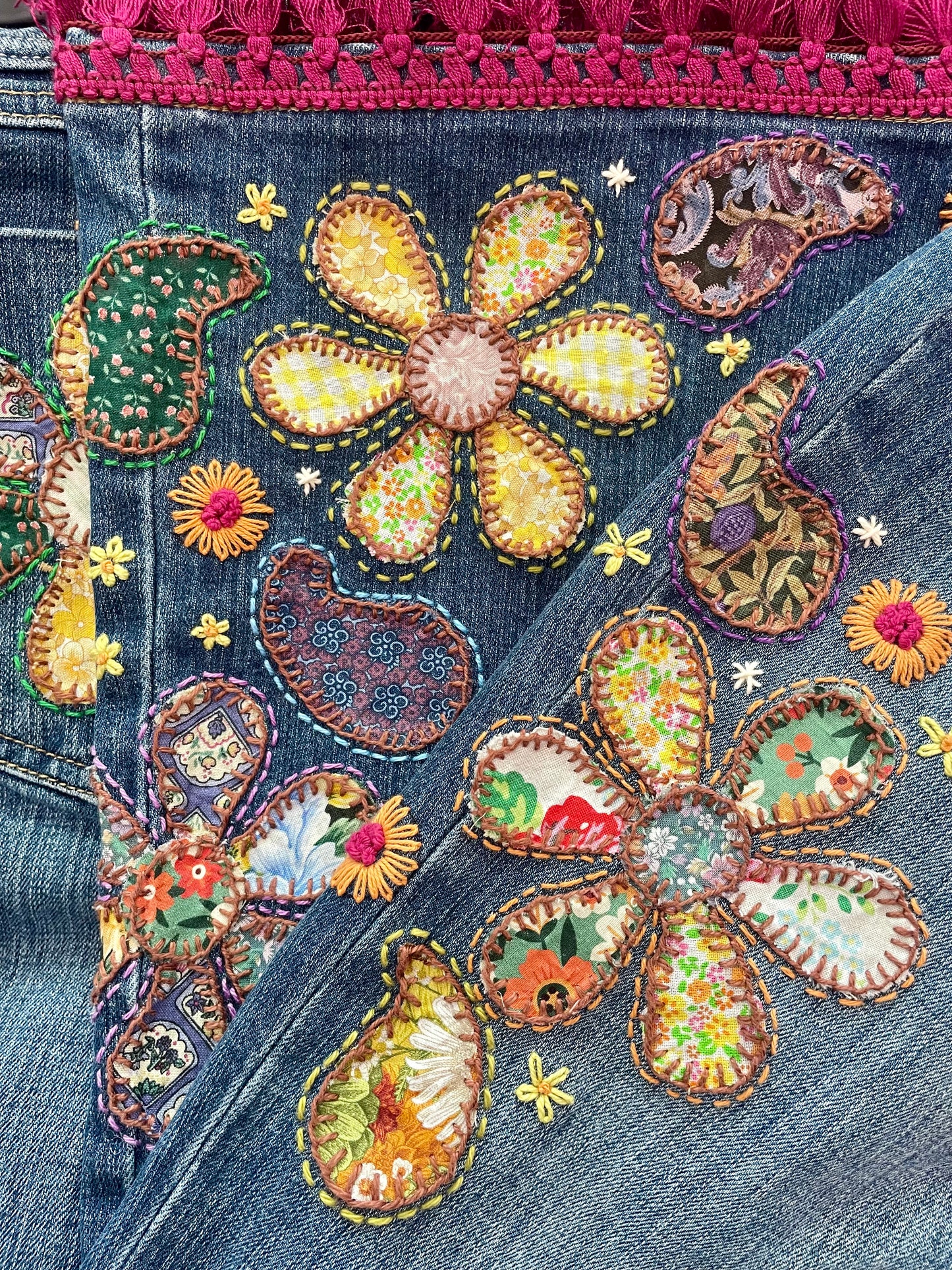 Upcycled Hand Embroidered Patchwork Jeans