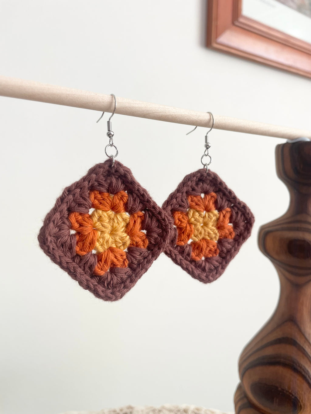 Crochet Big Square Earrings - Yellow/Orange/Brown