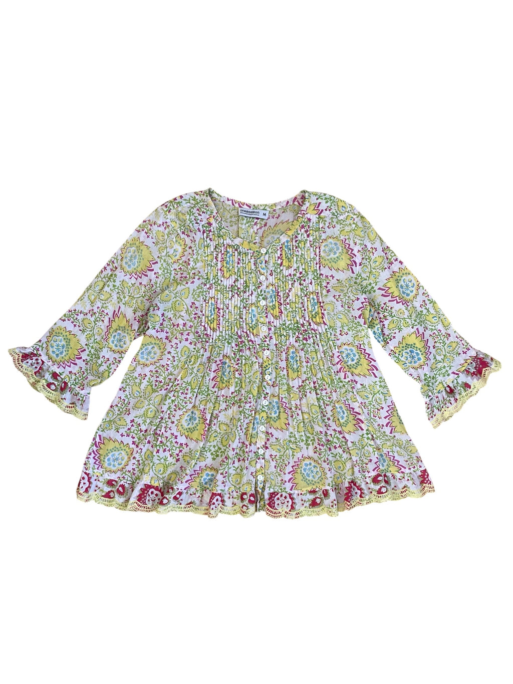 Cotton 3/4 sleeve Lime Floral Blouse