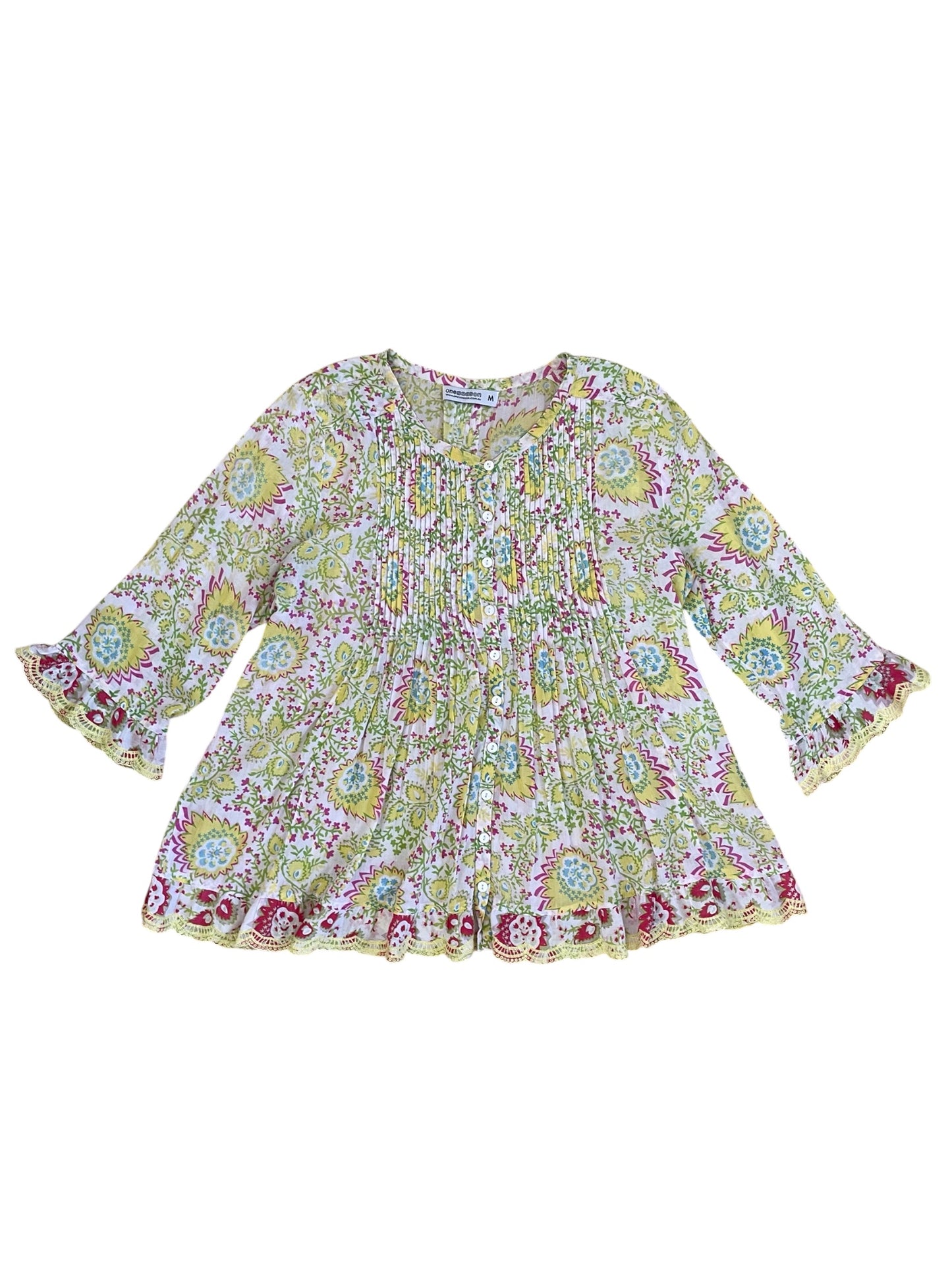 Cotton 3/4 sleeve Lime Floral Blouse