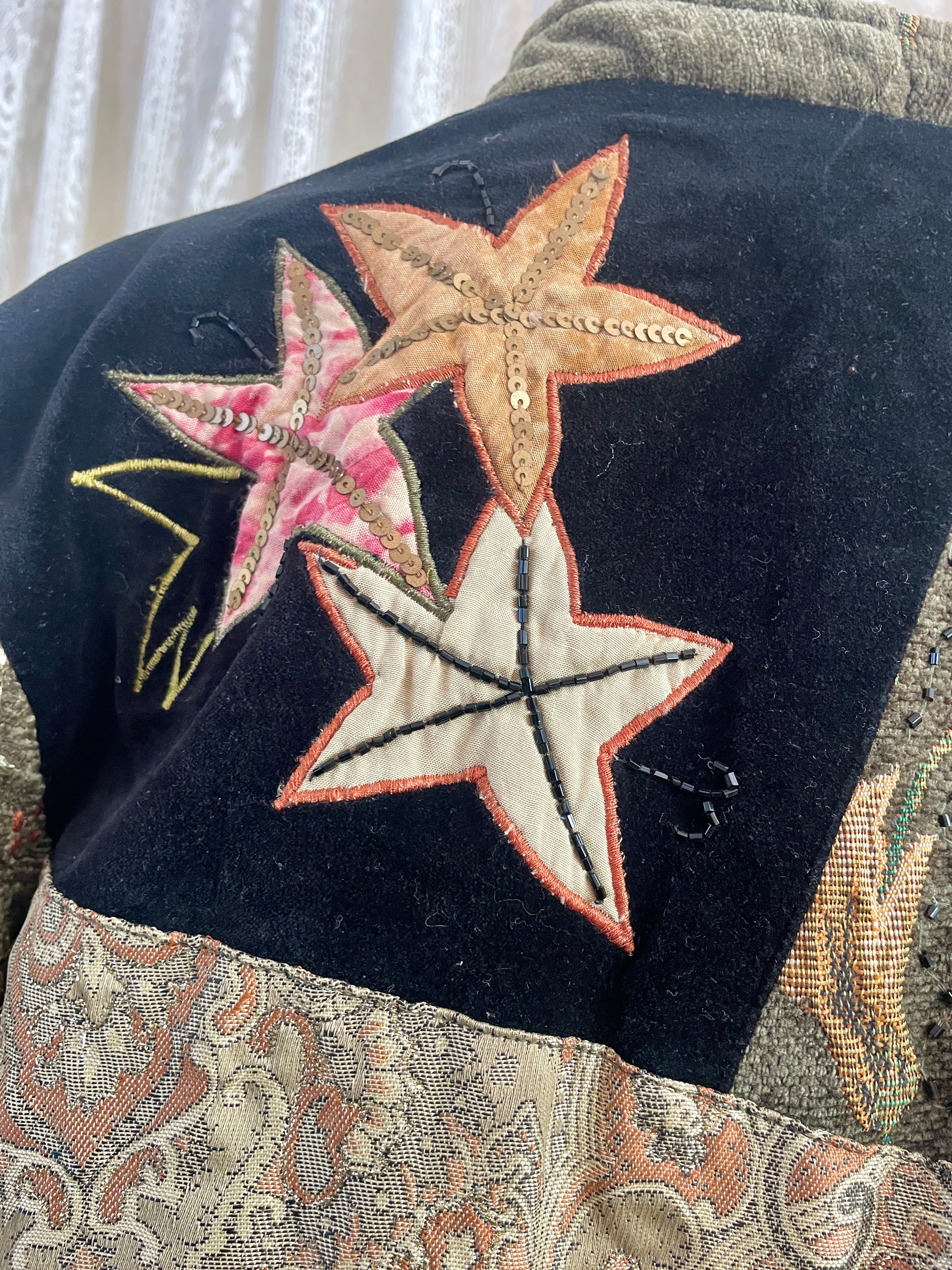 Vintage 90s Indigo Moon Star Patchwork Jacket – Velvet Tapestry Tie Front - Sz L