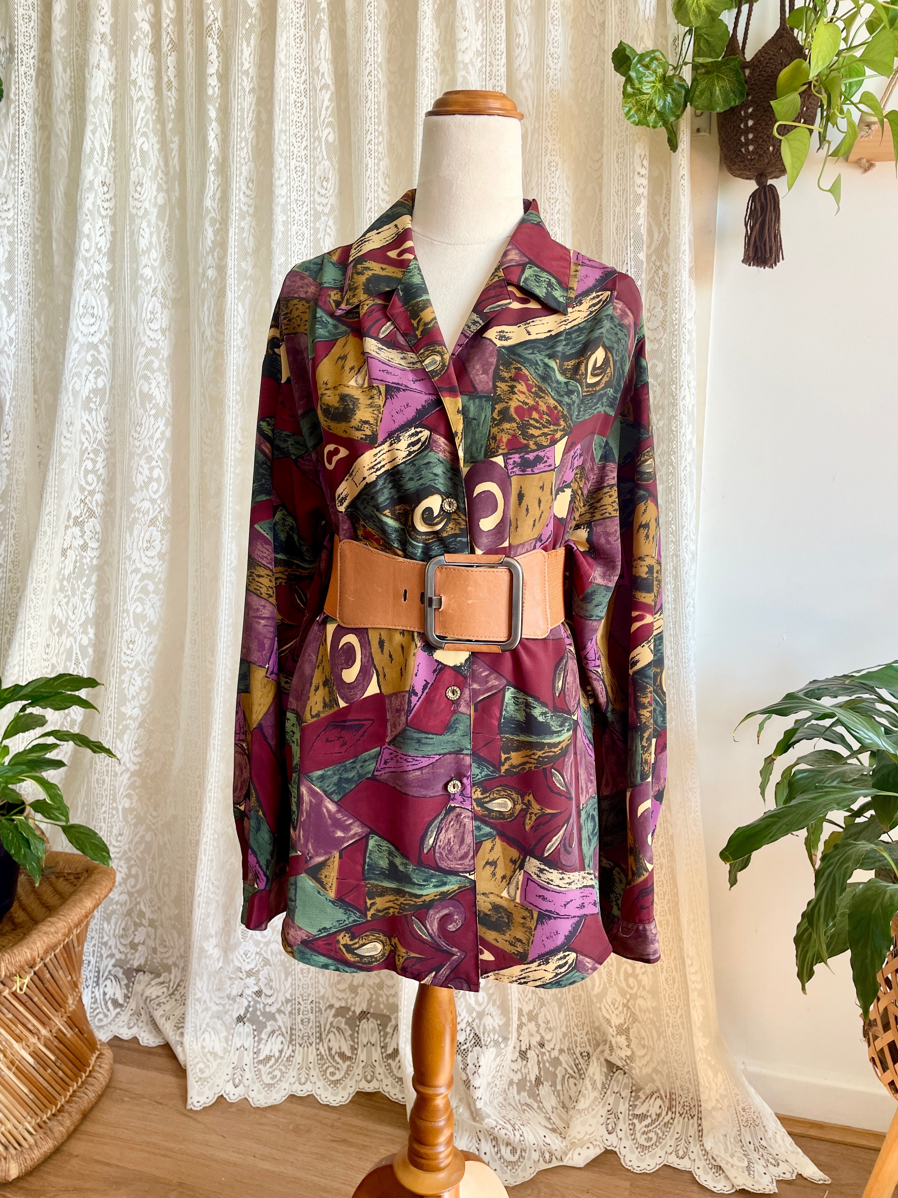 Vintage 90s Amari Geometric Abstract Blouse Retro Earthy Maroon Art-To-Wear Button Up Shirt Plus Size 18