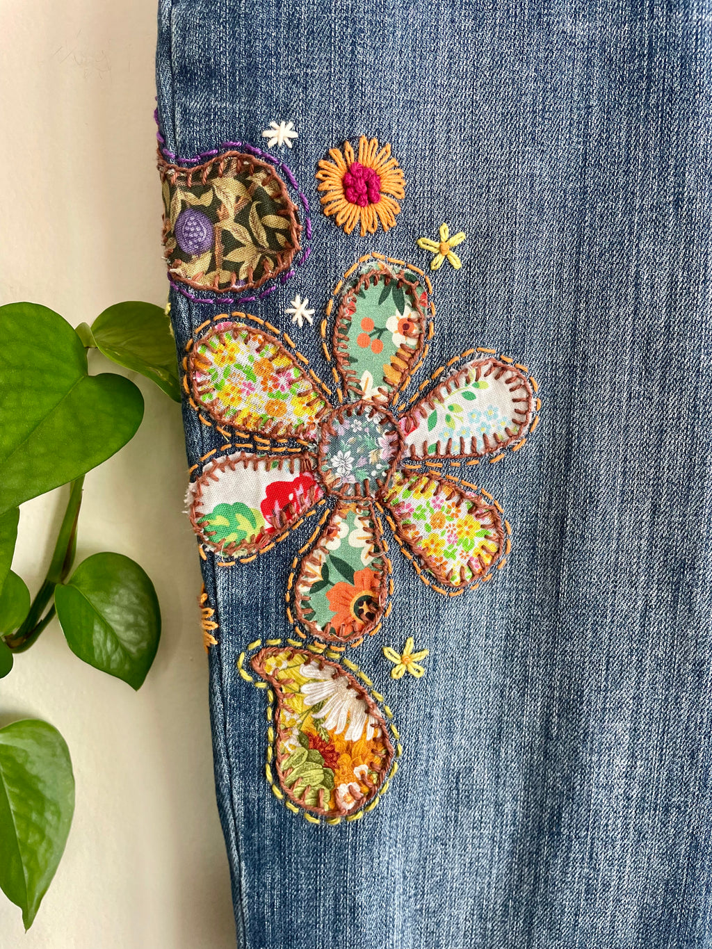 Upcycled Hand Embroidered Patchwork Jeans