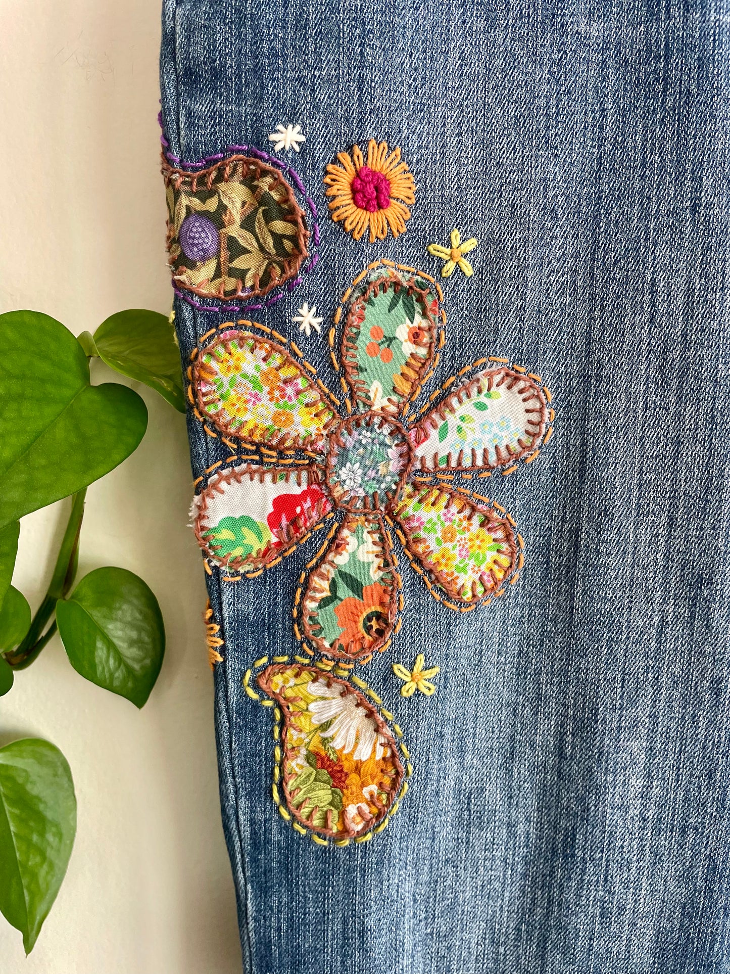 Upcycled Hand Embroidered Patchwork Jeans