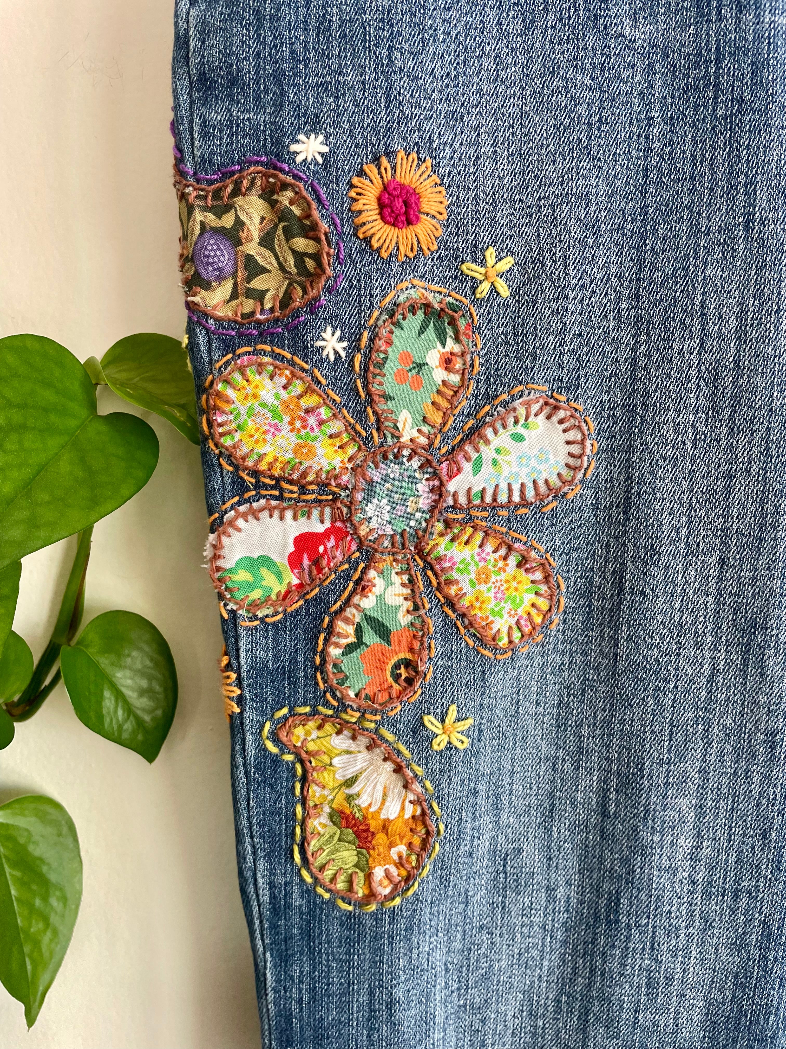 Upcycled Hand Embroidered Patchwork Jeans