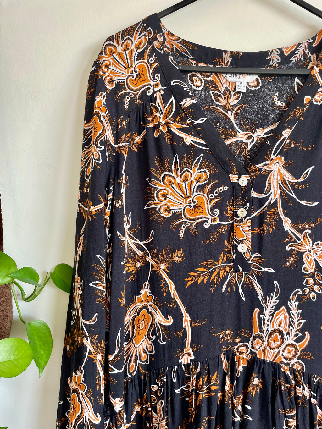 Paisley black & brown floral print l/s dress