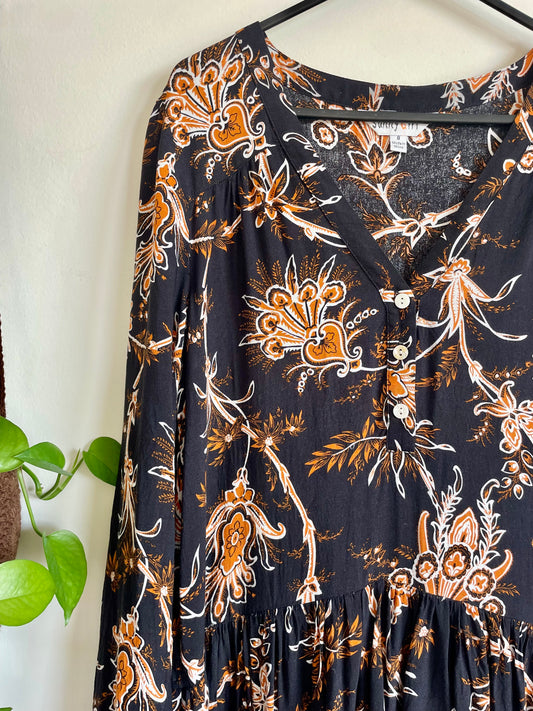 Paisley black & brown floral print l/s dress