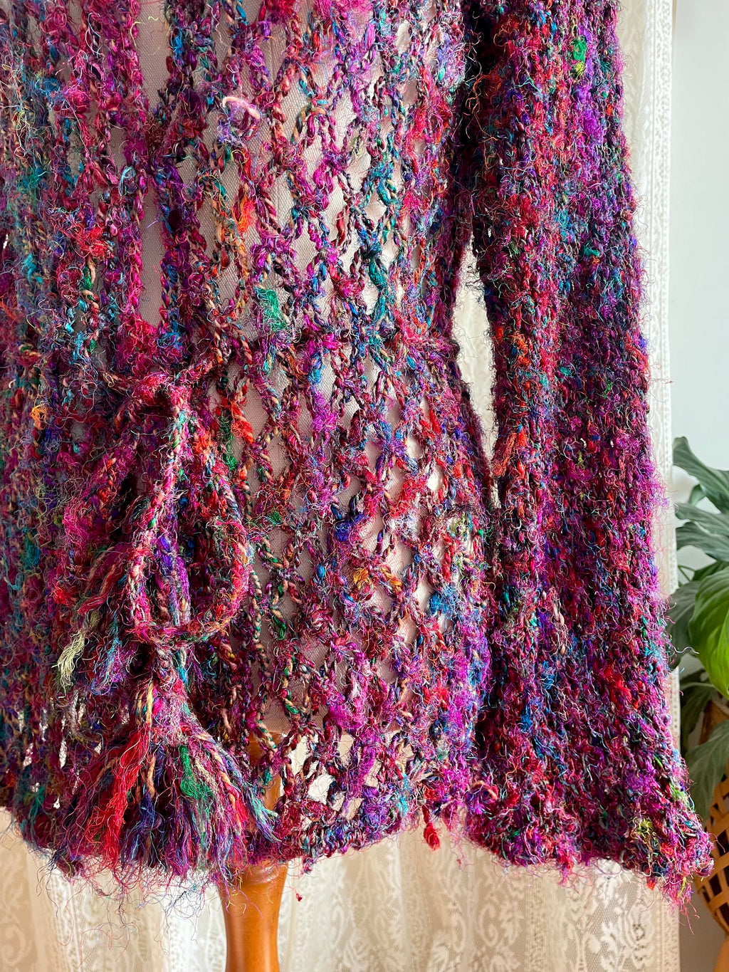 Recycled silk Crochet mesh tie up cardigan