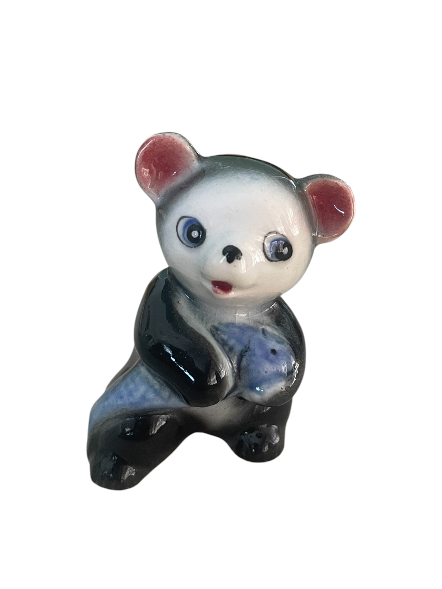 Ceramic Vintage Mini Panda with Fish Figurine Kitsch Japan