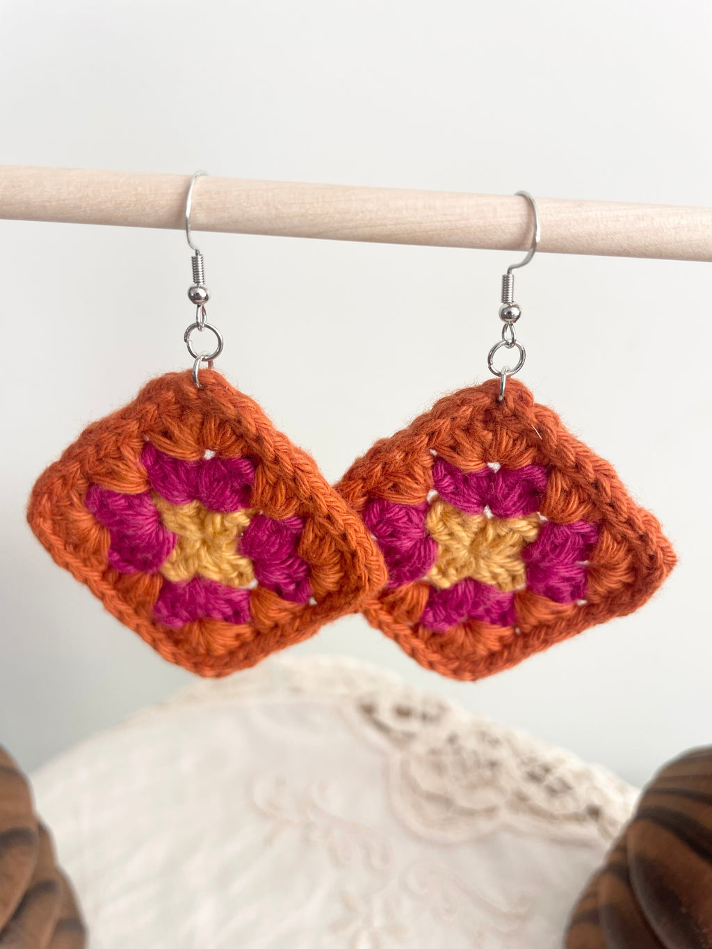 Crochet Big Square Earrings - Yellow/Pink/Orange