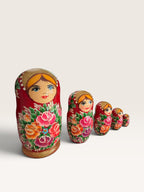 Traditional Semionov Style 5-Piece Russian Nesting Dolls Red Gold Glitter Matryoshka
