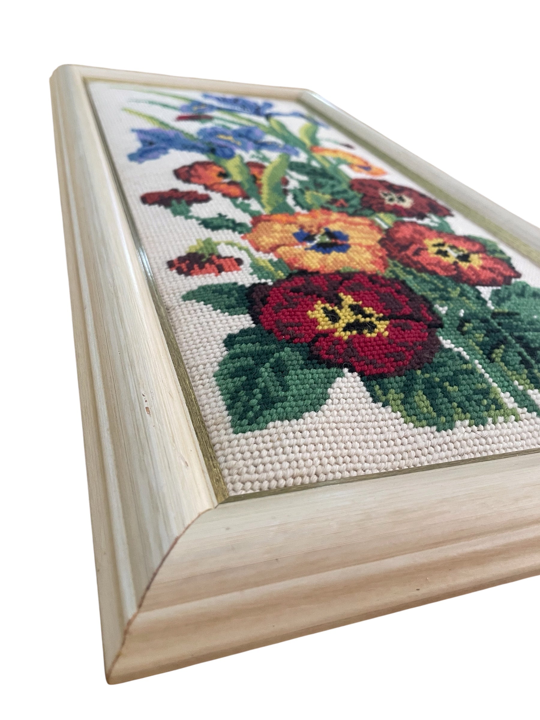 Vintage Iris and Pansy Cross Stitch Wall Art in Frame D’art
