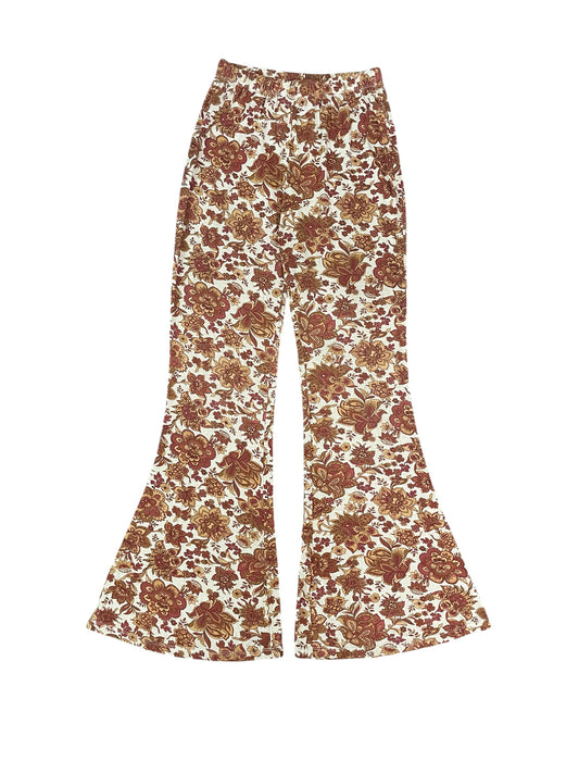 Preloved Flared Pants with Retro brown print. Size 10