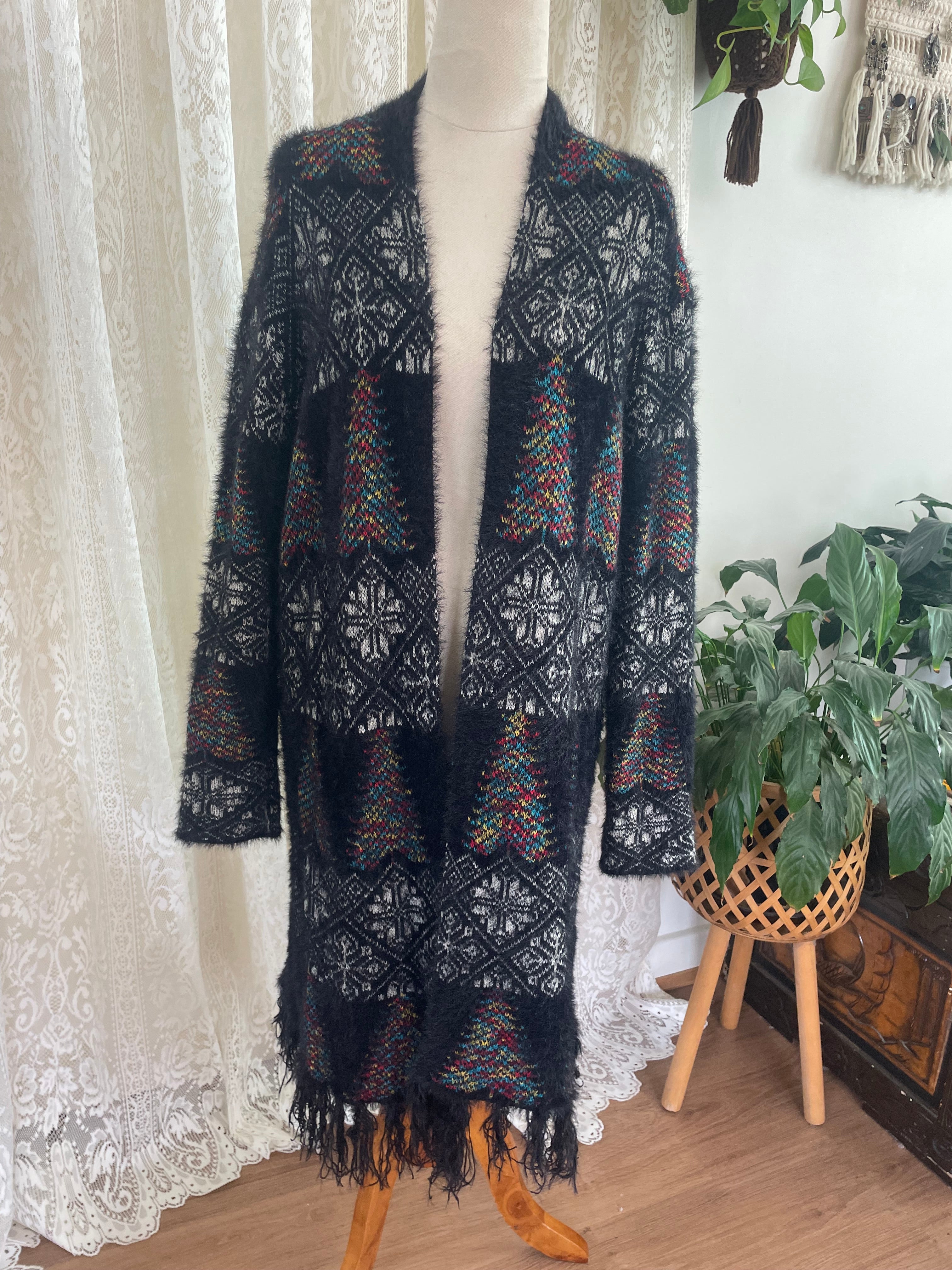 Black & Multicolour Pattern Eyelash knit cardigan