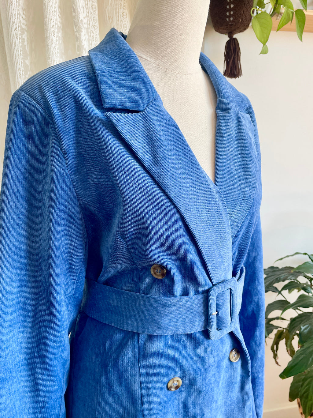 BNWT Daisy Street Blue Cord Belted Blazer Jacket • 90s Retro Ribbed Velvet Look Longline Coat