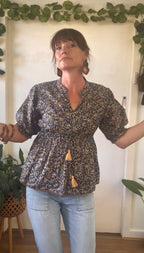 Navy Blue, brown & green print 3/4 sleeve top