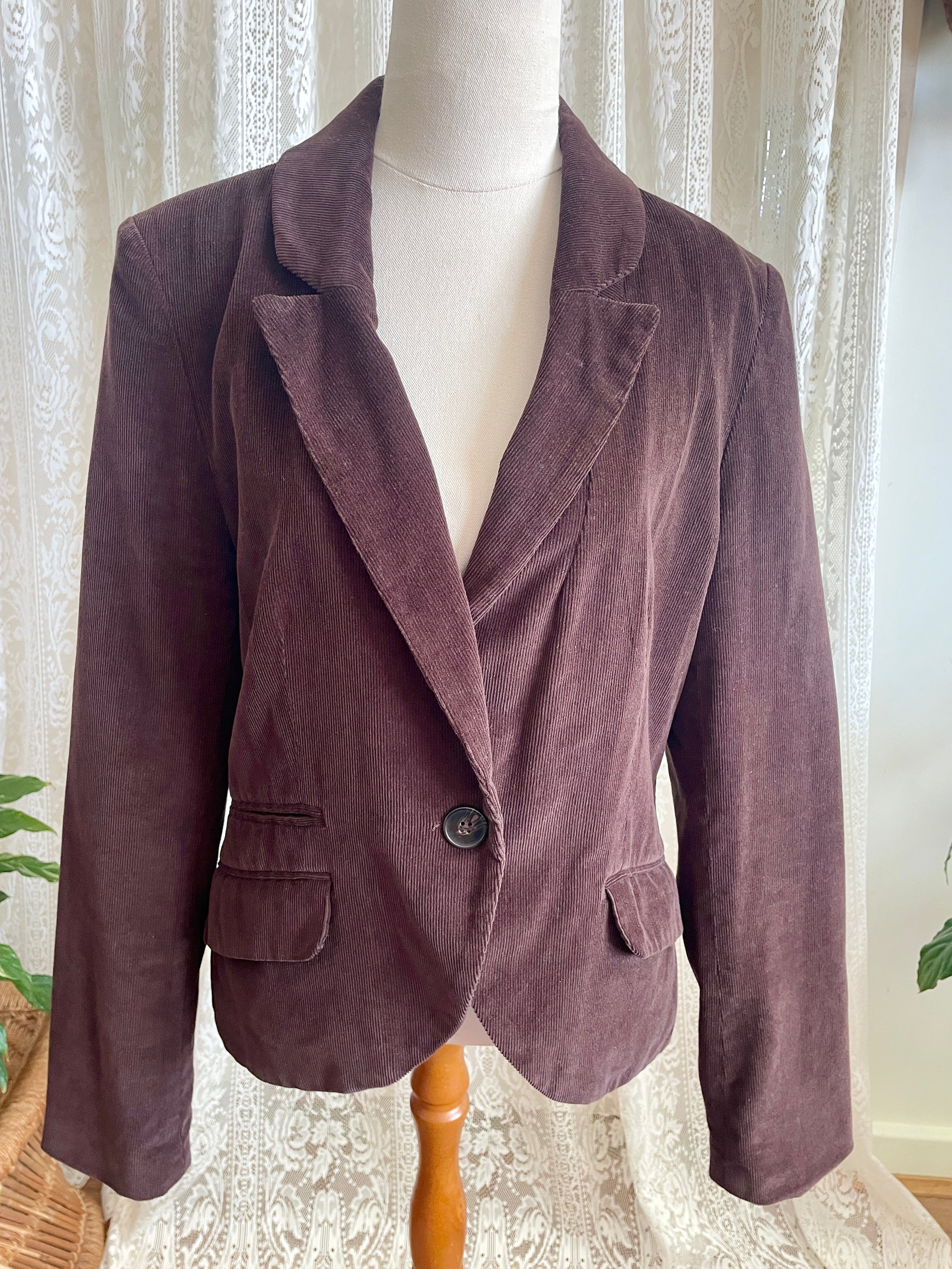 New Look Chocolate Brown Corduroy Jacket Single Button Ribbed Suit Coat 90s Minimalist Style Size 16