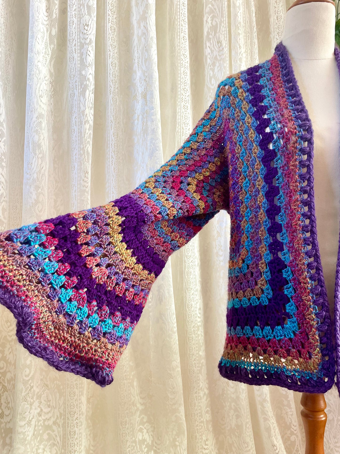 Purple Rainbow Reversible Crochet Cardigan with Bell Sleeves