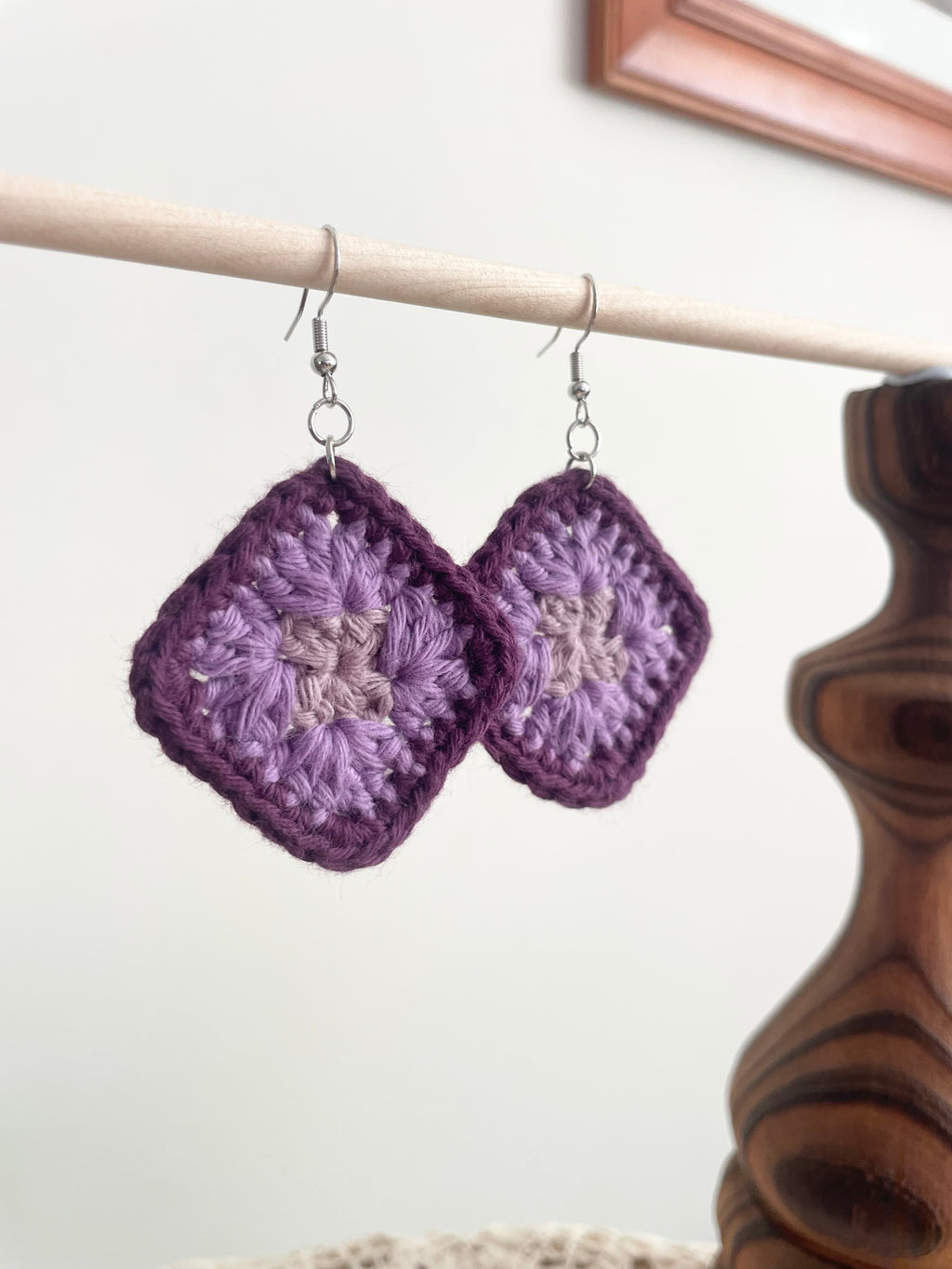 Crochet Little Square Earrings - Purple Tone