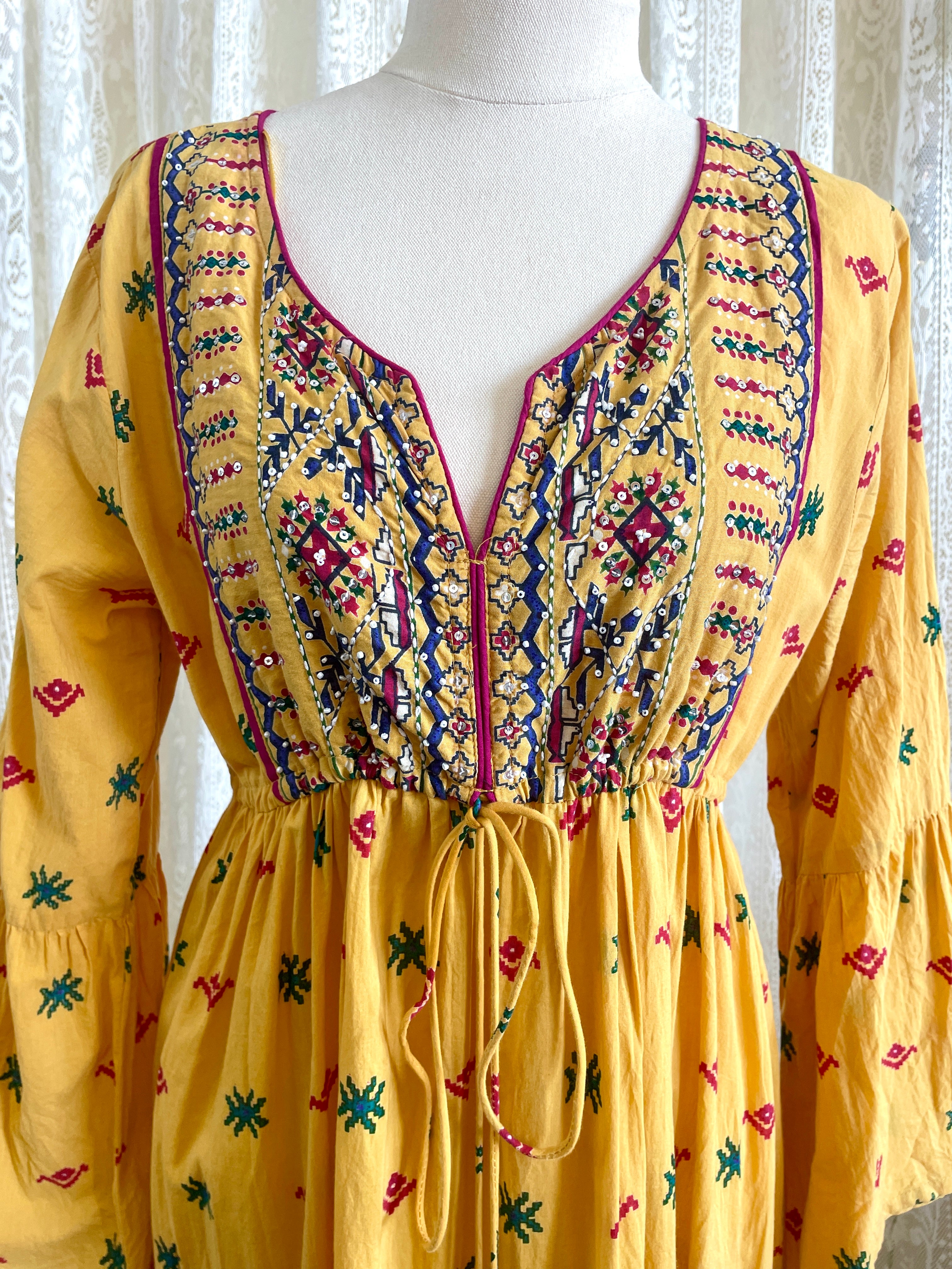 Ishka Marigold Yellow Embroidered Boho Maxi Dress – Bell Sleeve Tiered Smock Sz 14