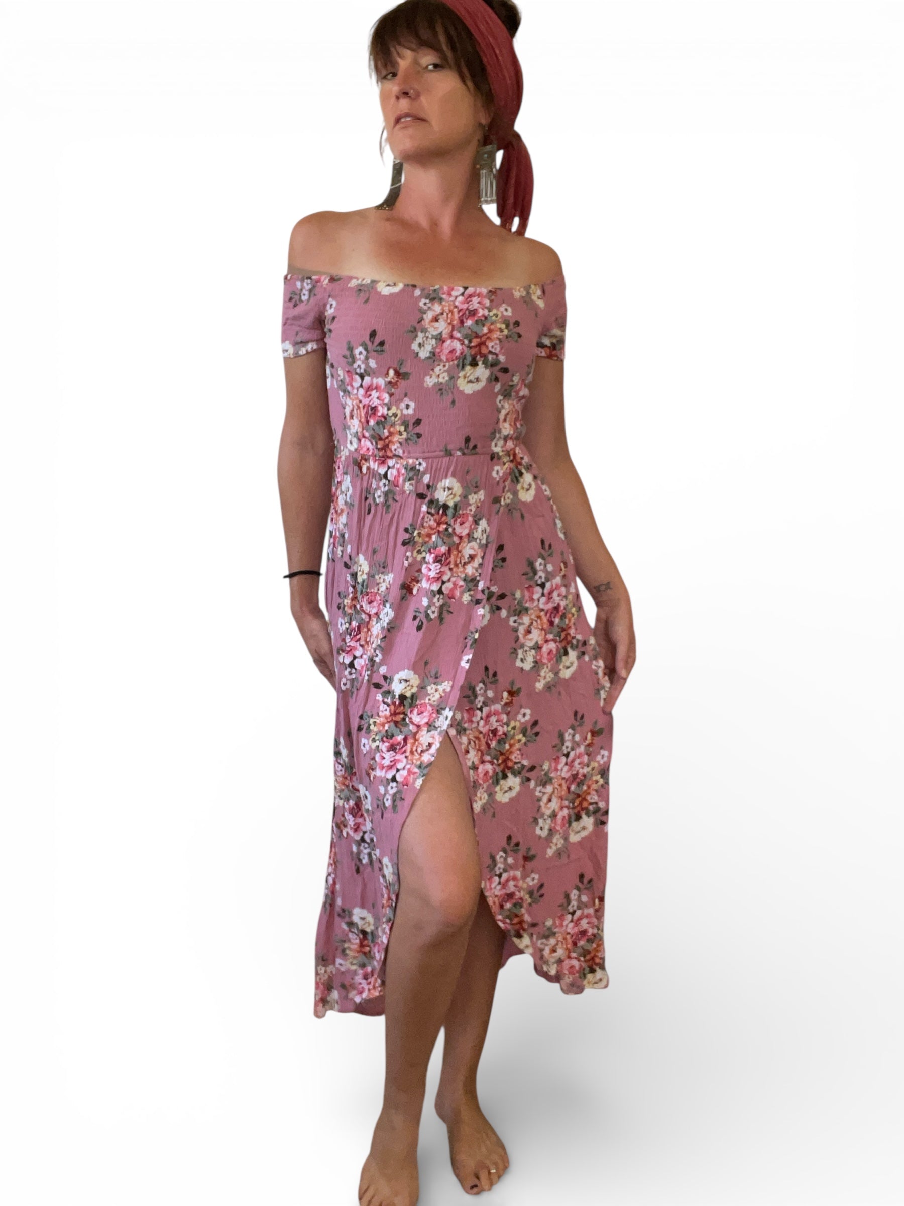 Pre-Loved Pink Floral off shoulder dress - Sz 8