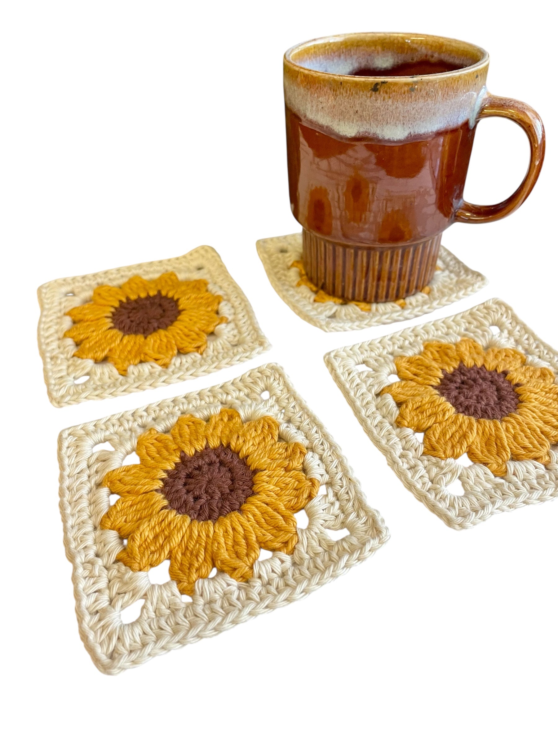 Crochet Sunflower Square Coasters Cotton Set of 4