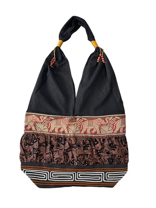 Hobo Style Sling Bag with Elephants and Embroidered Trim