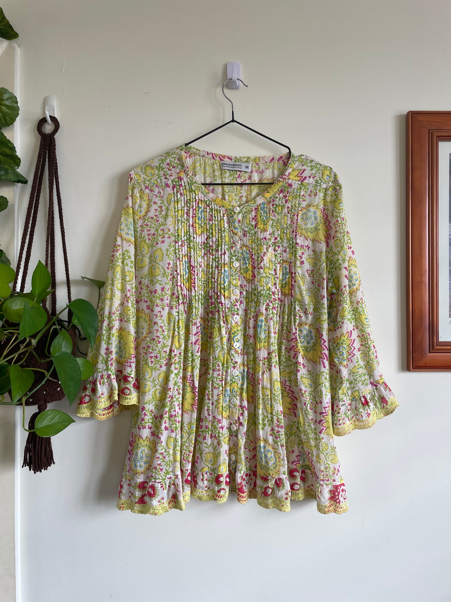 Cotton 3/4 sleeve Lime Floral Blouse