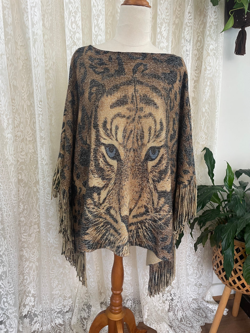 Tiger print poncho with fringe