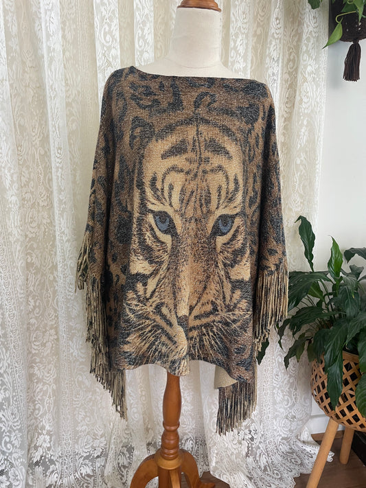 Tiger print poncho with fringe