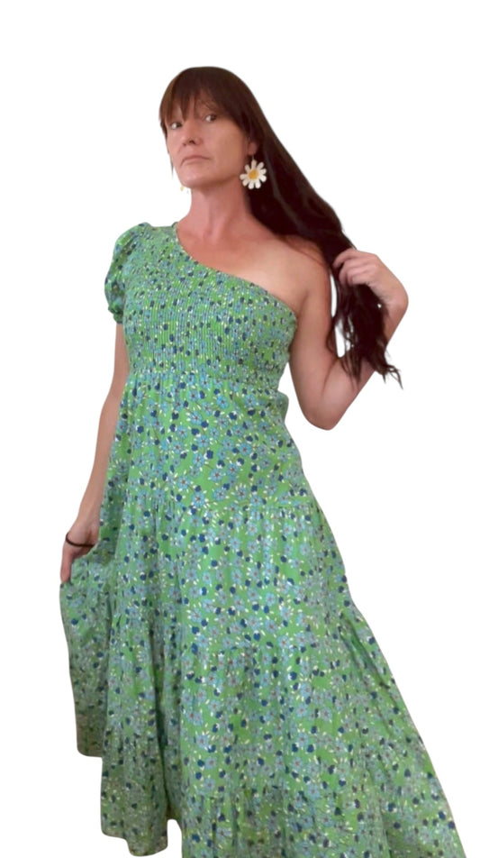 Preloved Blue/Green Retro Print One Shoulder Dress - Sz M