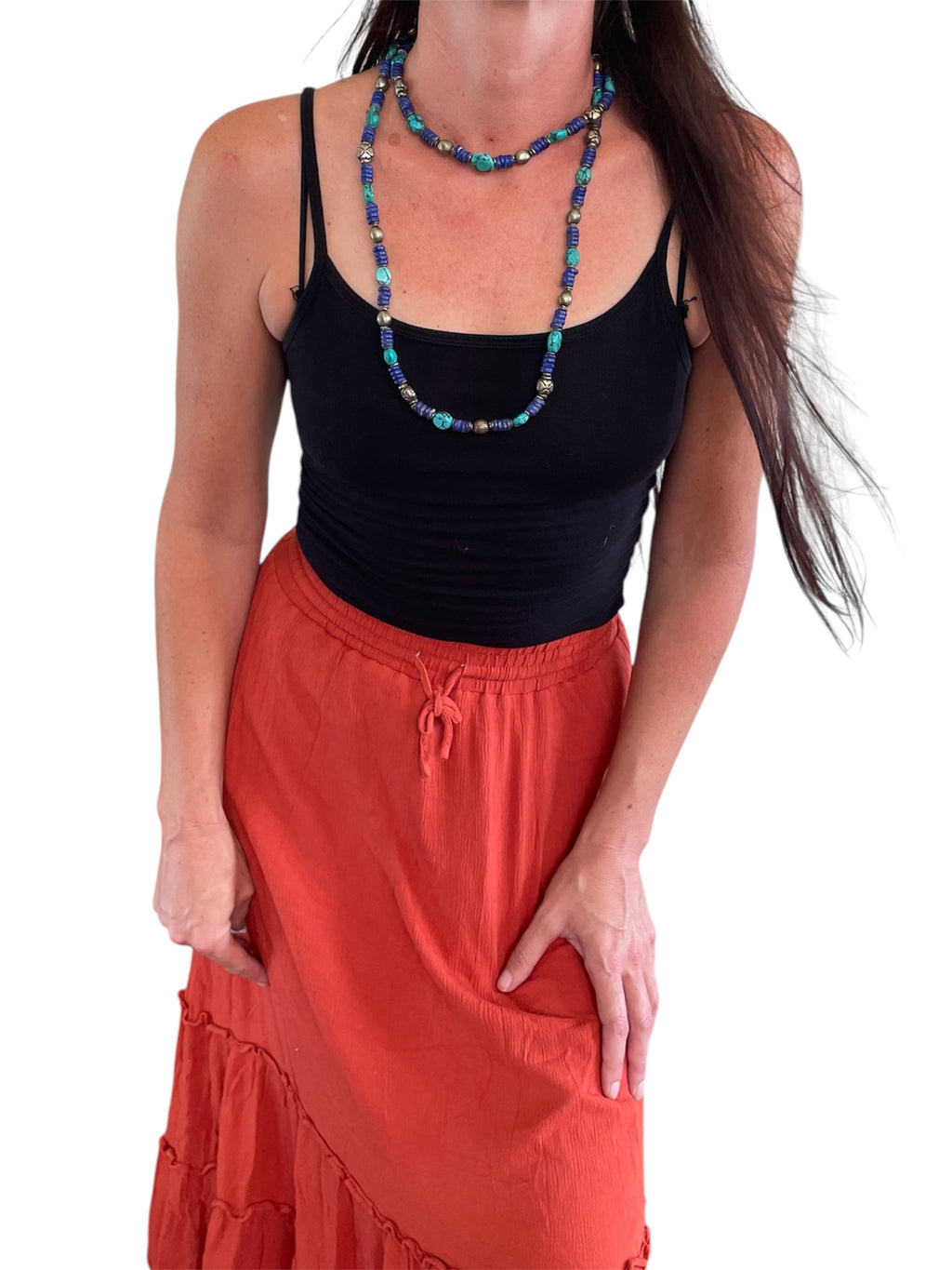 Blue gemstone and silver bead necklace