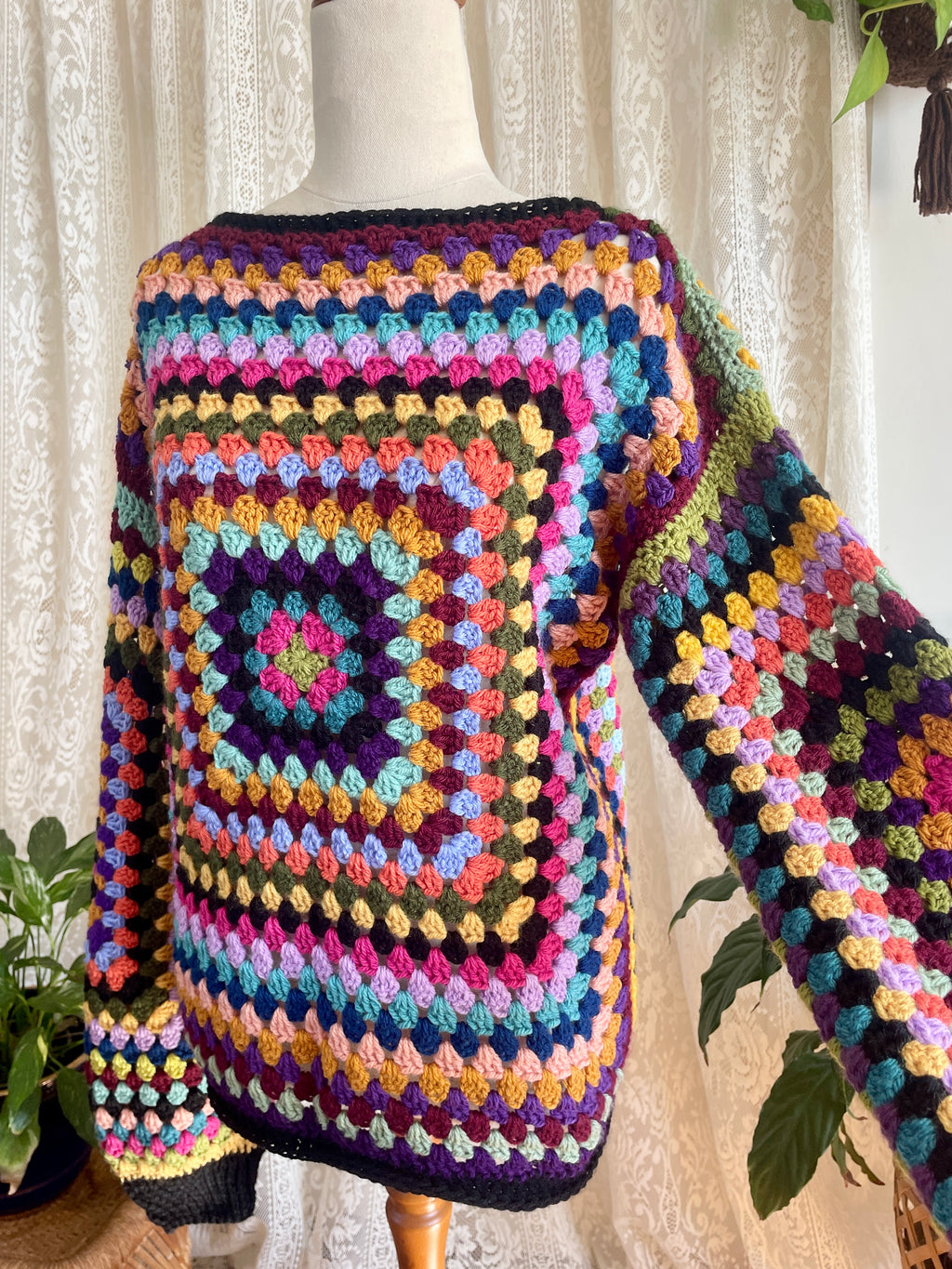 Crochet granny square jumper, multicolour, black trims