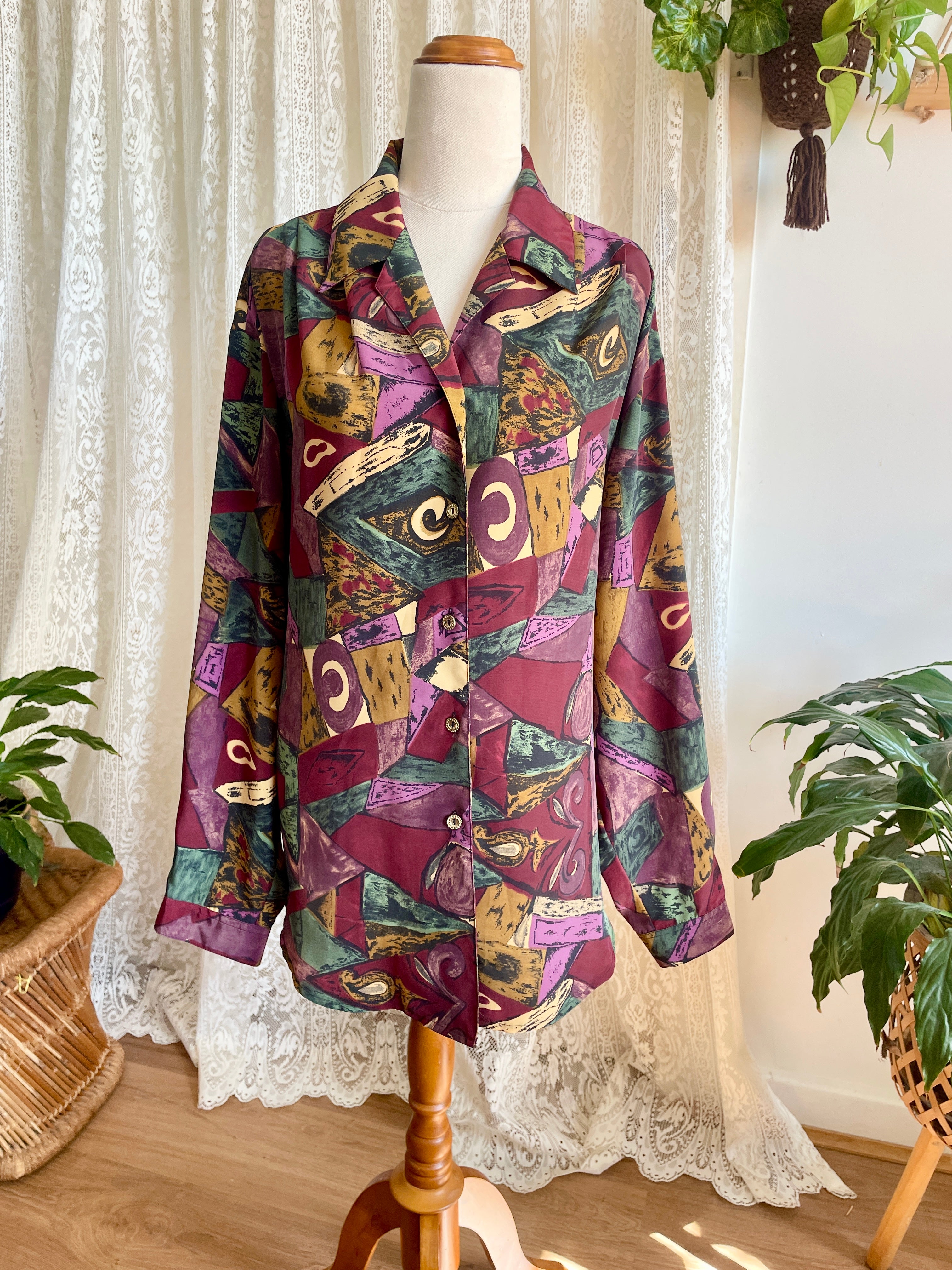 Vintage 90s Amari Geometric Abstract Blouse Retro Earthy Maroon Art-To-Wear Button Up Shirt Plus Size 18