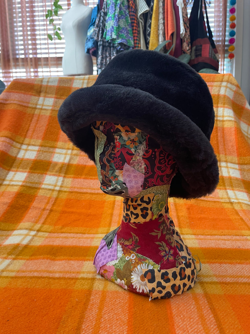 Y2K Black Faux Fur small Brimmed hat