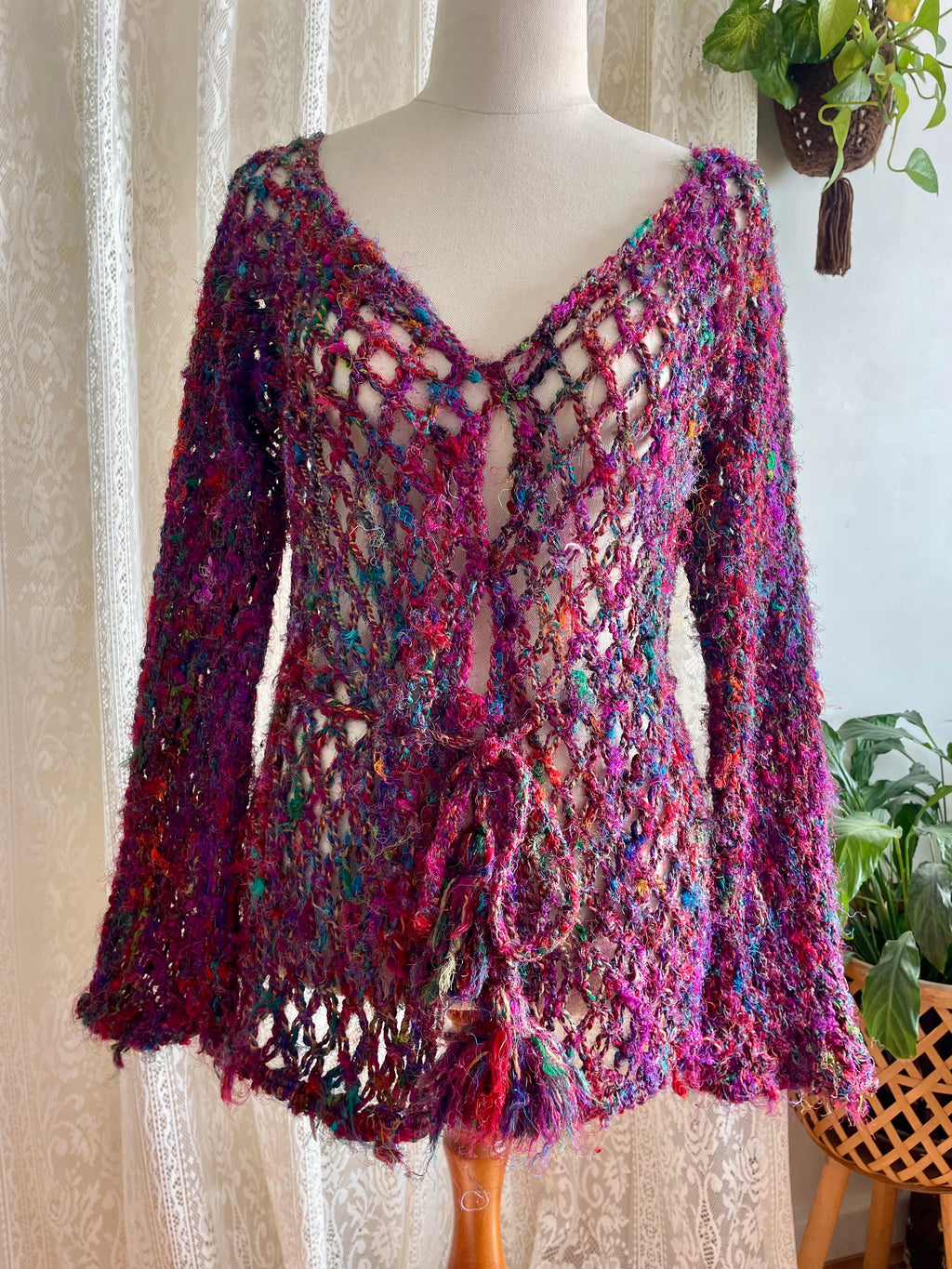Recycled silk Crochet mesh tie up cardigan
