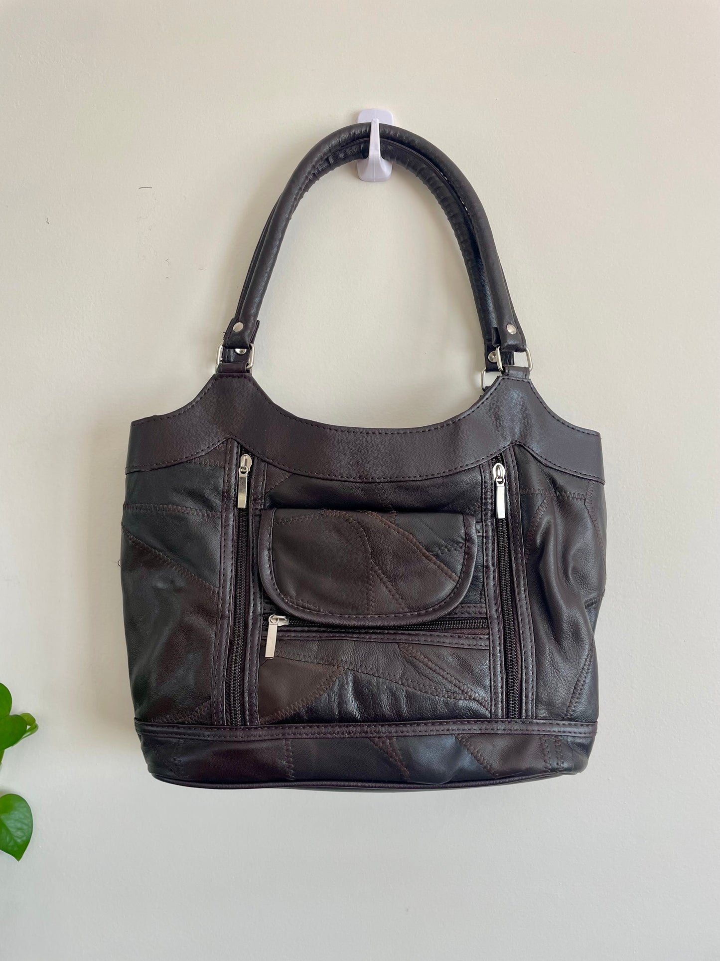 Dark Brown Patch Faux Leather Handbag