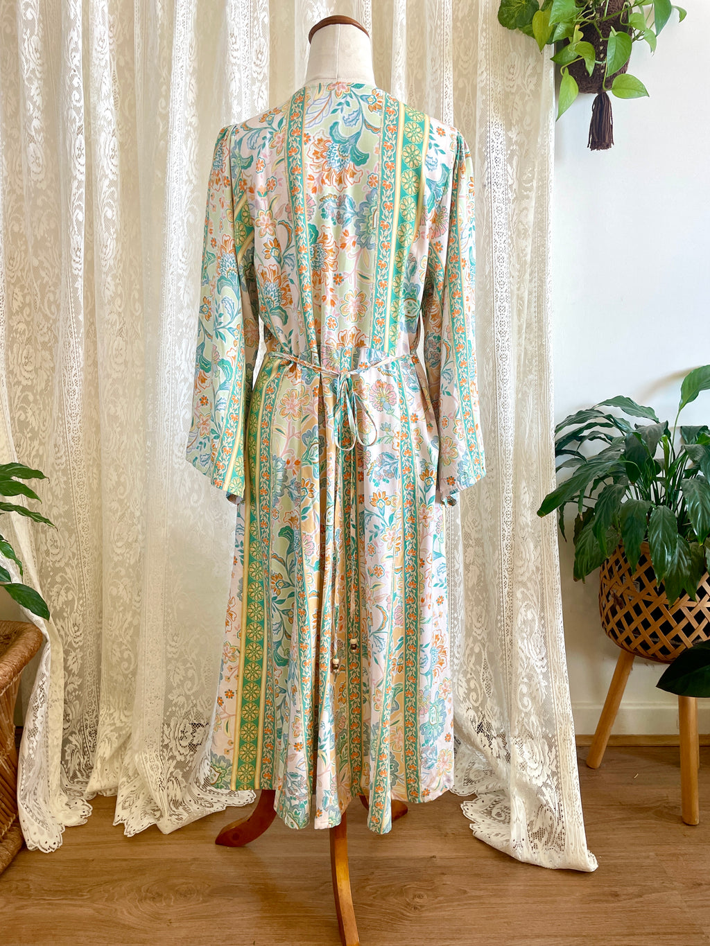 Pastel Mint & Peach Floral Boho Midi Dress – Button Down Duster Sz 12