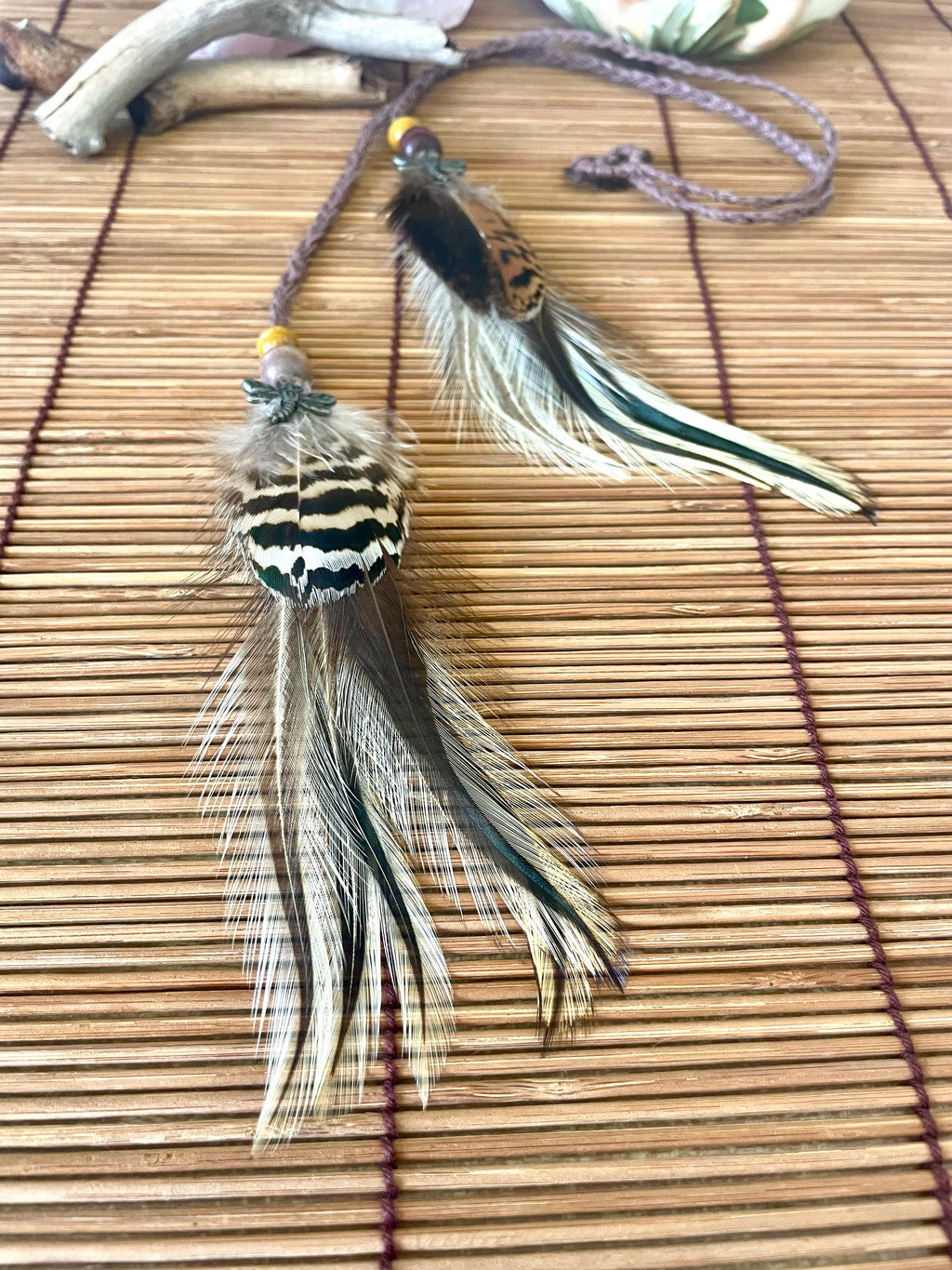 Feather & Hemp Hair Extension - Double Stranded Brown mix/Dragonfly