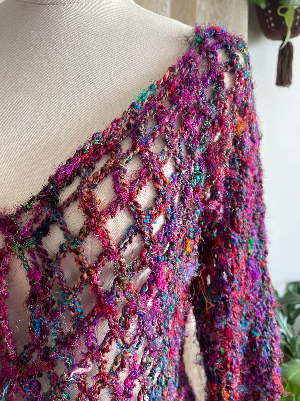 Boho Recycled Sari Silk Crochet Cardigan - Fairycore Open Knit