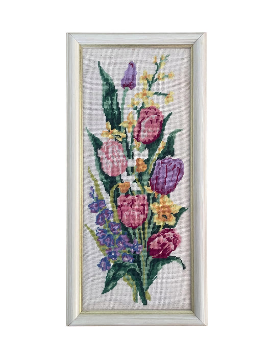 Vintage Tulips completed cross stitch in Frame D’art