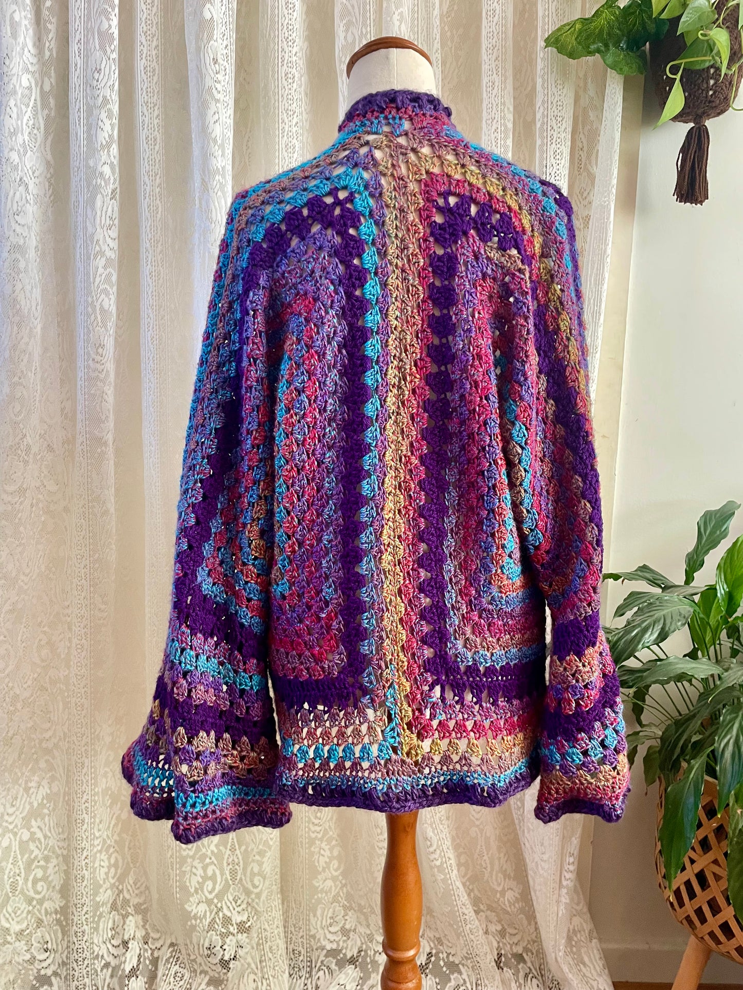 Purple Rainbow Reversible Crochet Cardigan with Bell Sleeves