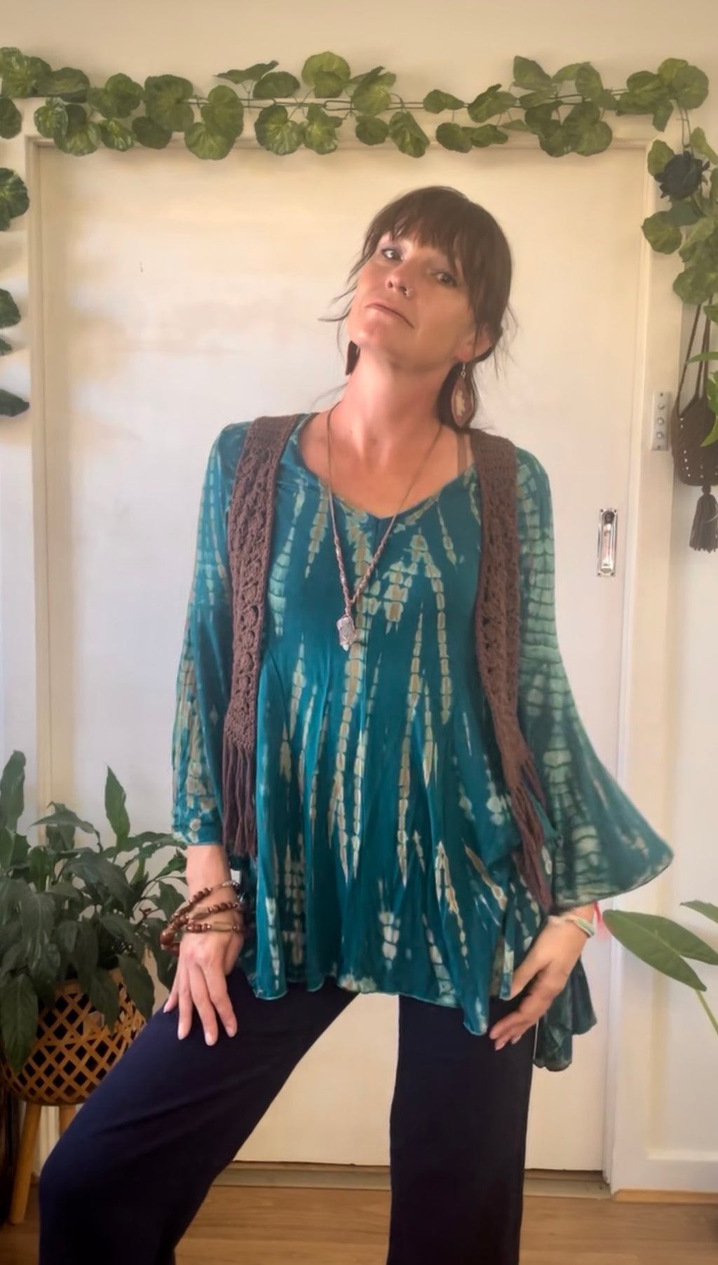 Blue & Brown tie dye bell sleeve top