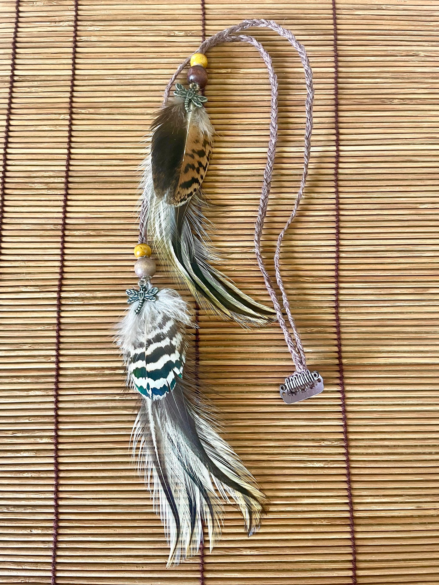 Feather & Hemp Hair Extension - Double Stranded Brown mix/Dragonfly